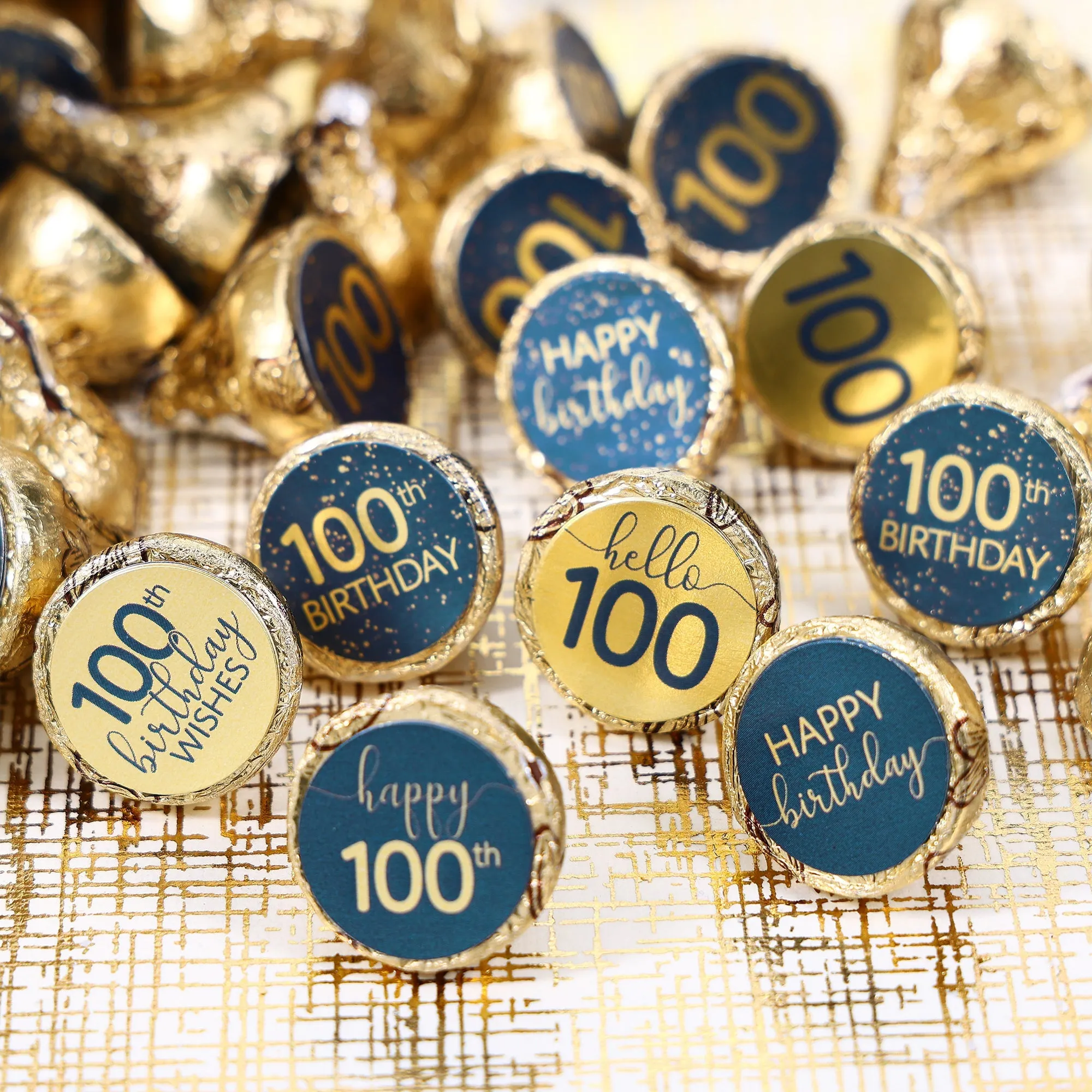 100th Birthday: Navy Blue & Gold - Adult Birthday - Hershey's® Kisses Candy Stickers - 180 Stickers