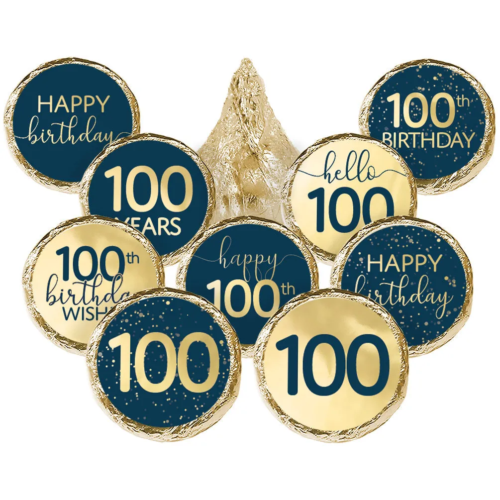 100th Birthday: Navy Blue & Gold - Adult Birthday - Hershey's® Kisses Candy Stickers - 180 Stickers