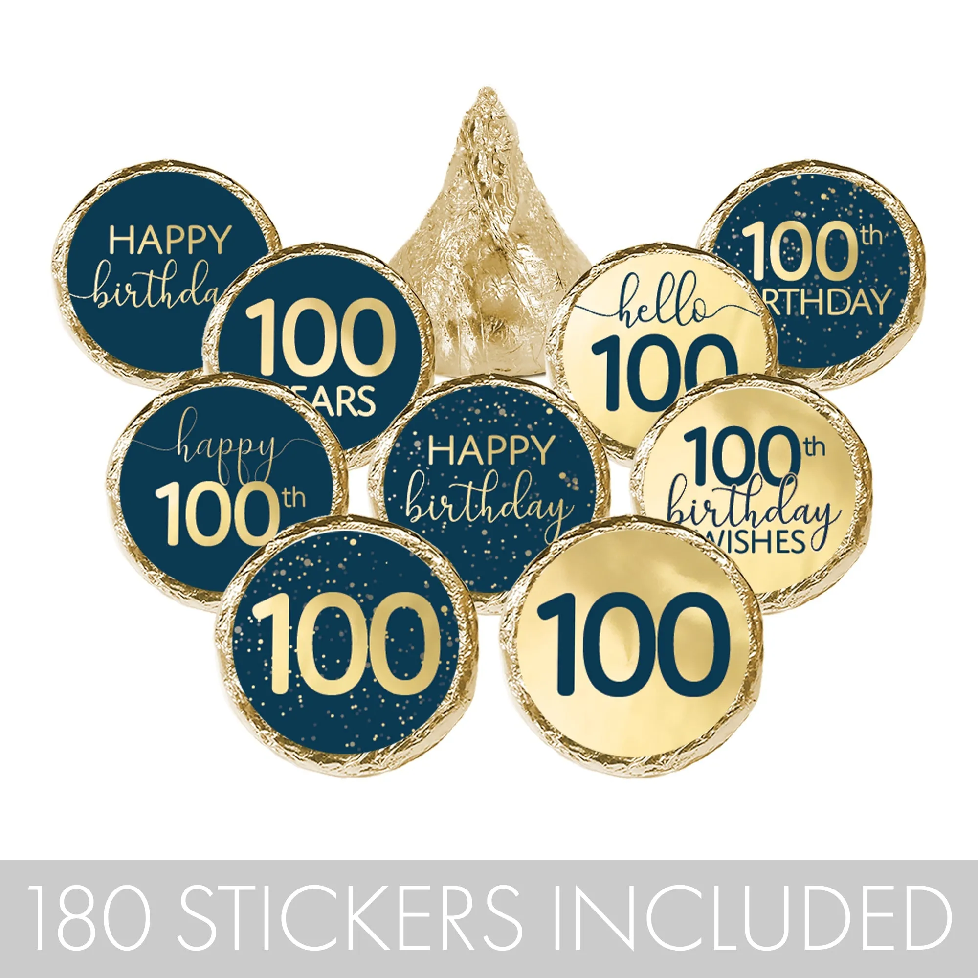 100th Birthday: Navy Blue & Gold - Adult Birthday - Hershey's® Kisses Candy Stickers - 180 Stickers