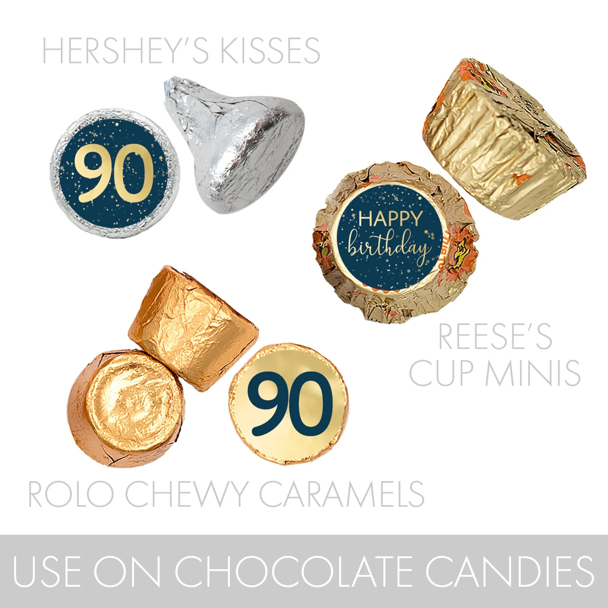 90th Birthday: Navy Blue & Gold - Adult Birthday - Stickers - Fits Hershey's Kisses Candy