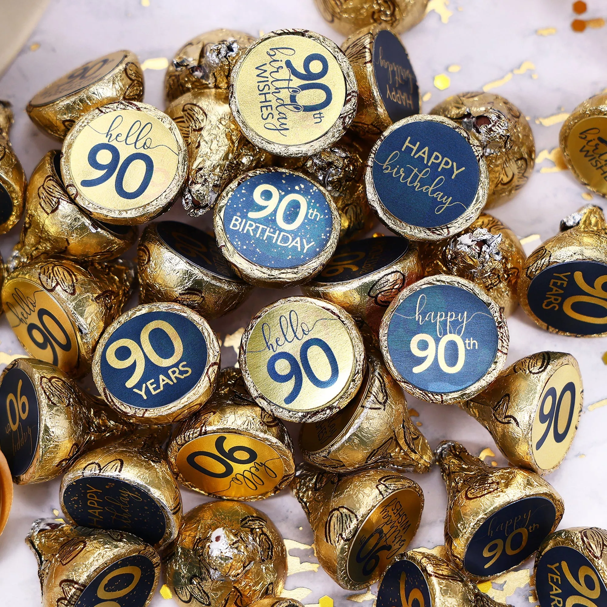 90th Birthday: Navy Blue & Gold - Adult Birthday - Stickers - Fits Hershey's Kisses Candy