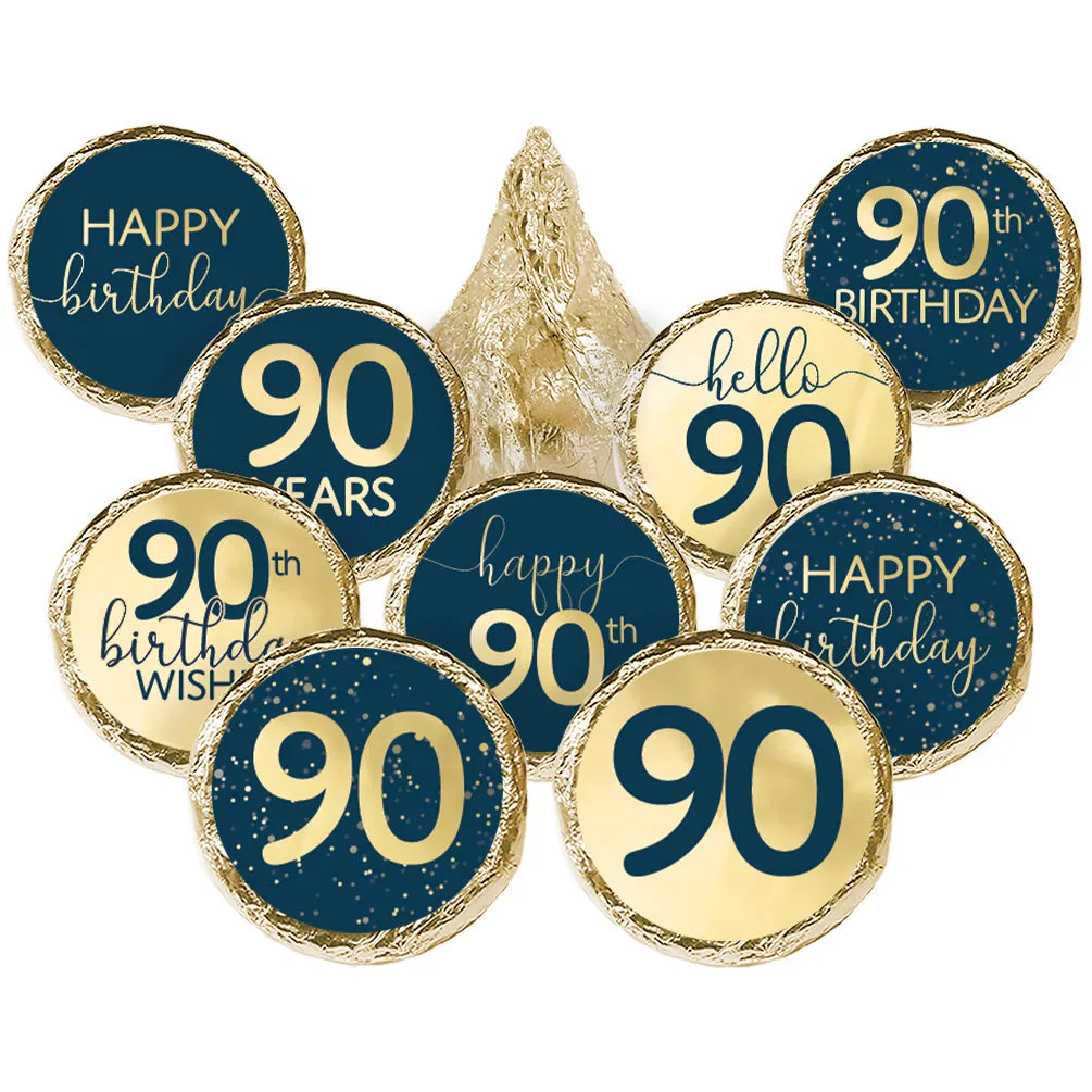 90th Birthday: Navy Blue & Gold - Adult Birthday - Stickers - Fits Hershey's Kisses Candy