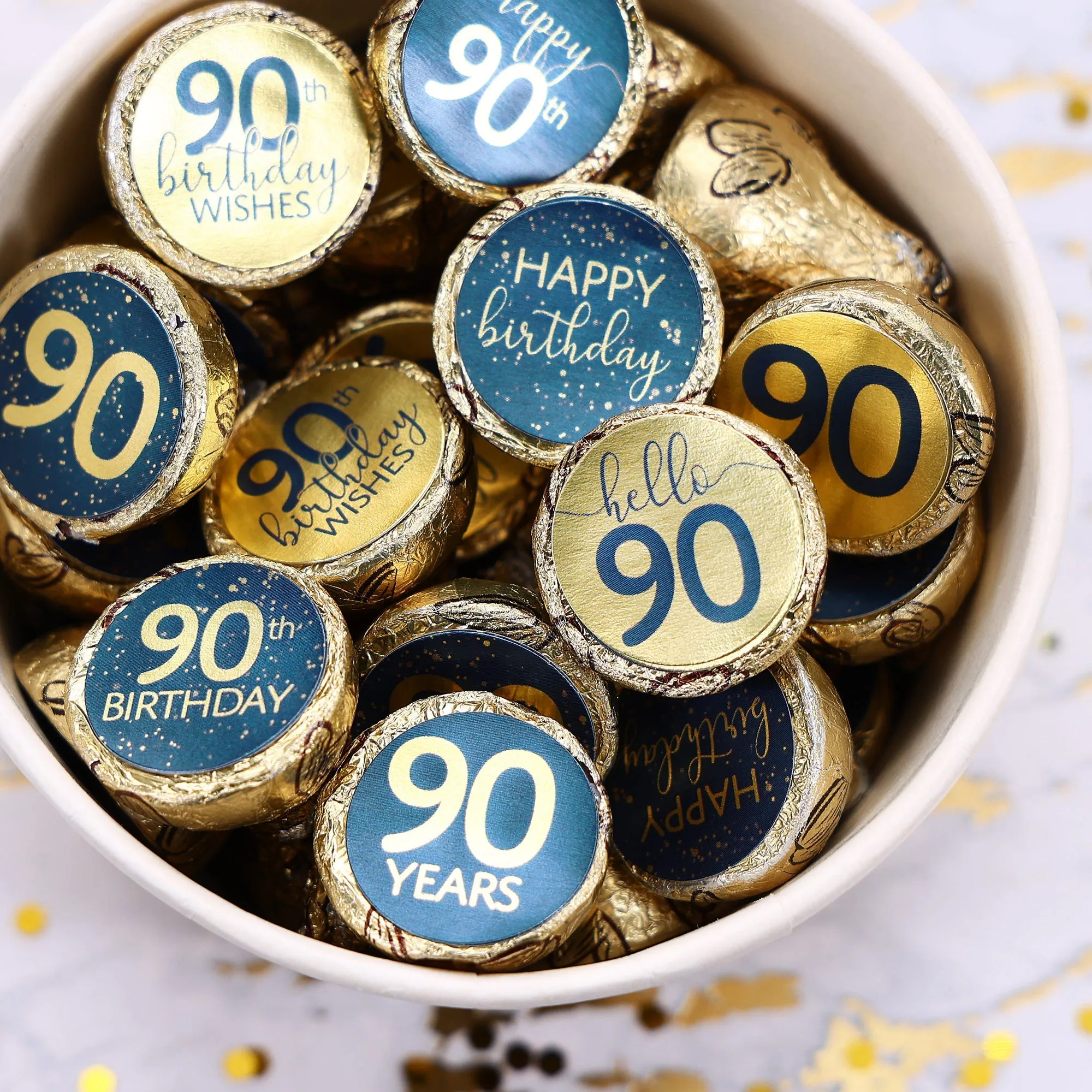 90th Birthday: Navy Blue & Gold - Adult Birthday - Stickers - Fits Hershey's Kisses Candy