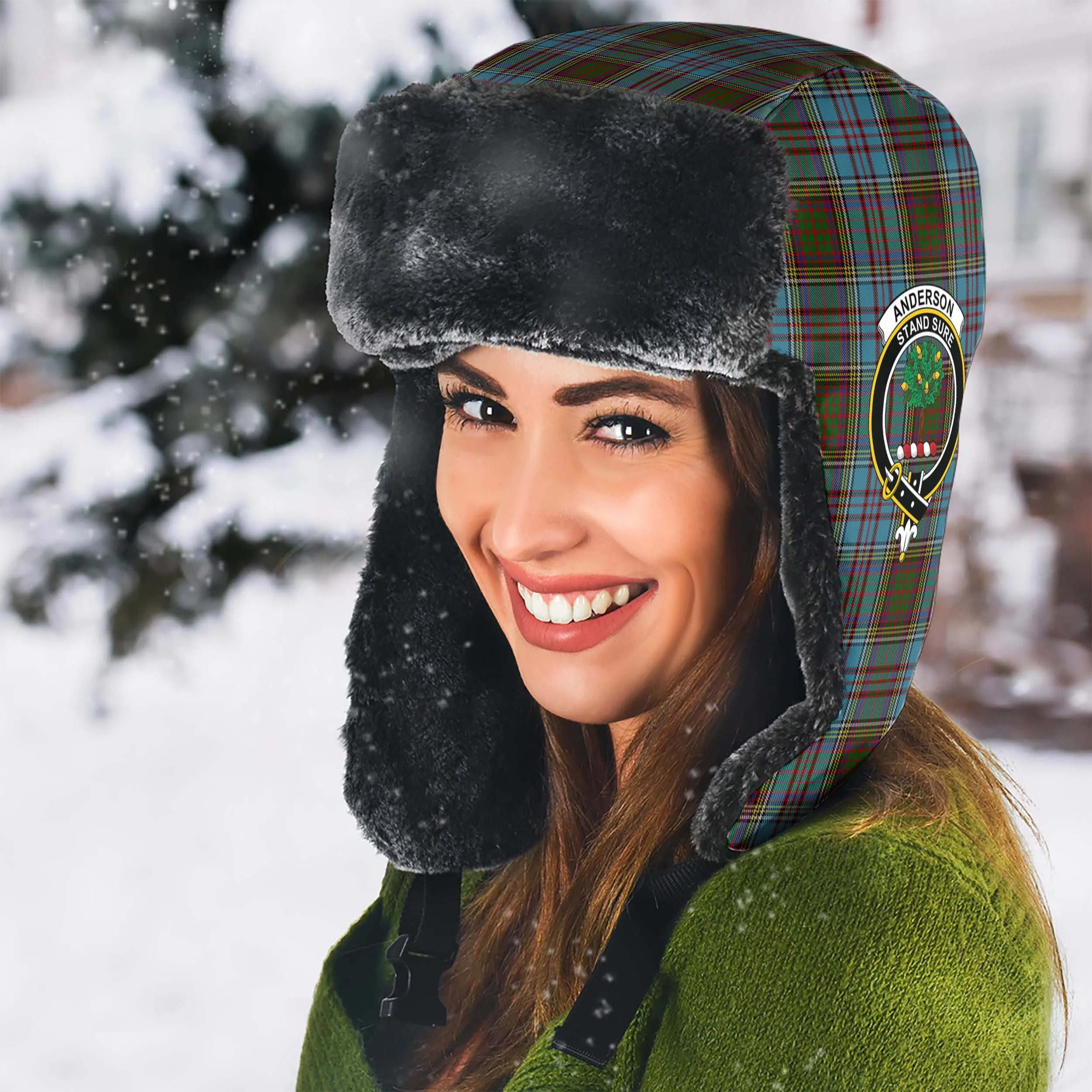 Anderson Tartan Winter Trapper Hat with Family Crest