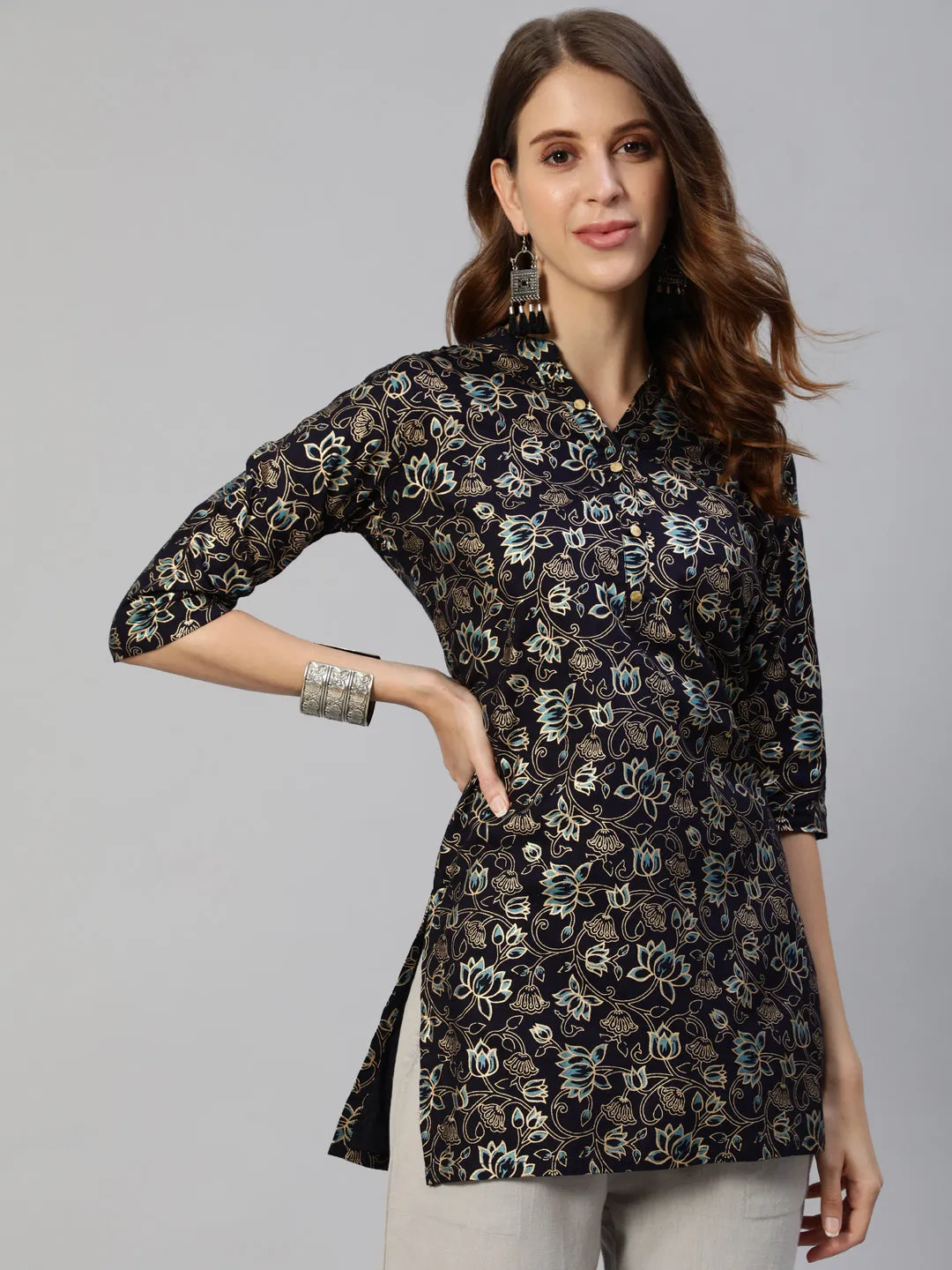 Anubhutee Navy Blue  Gold Ethnic Motifs Foil Printed Kurti