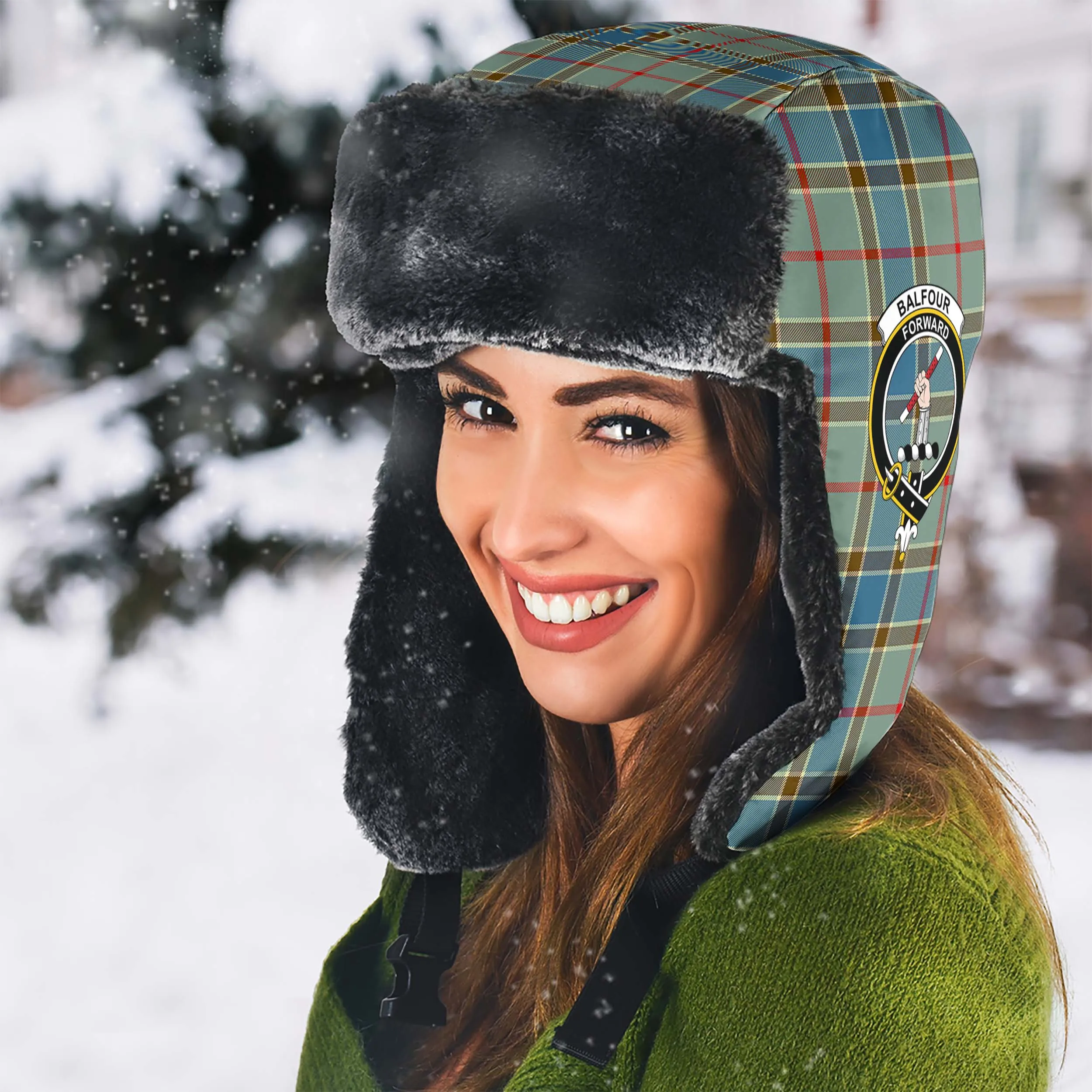 Balfour Blue Tartan Winter Trapper Hat with Family Crest