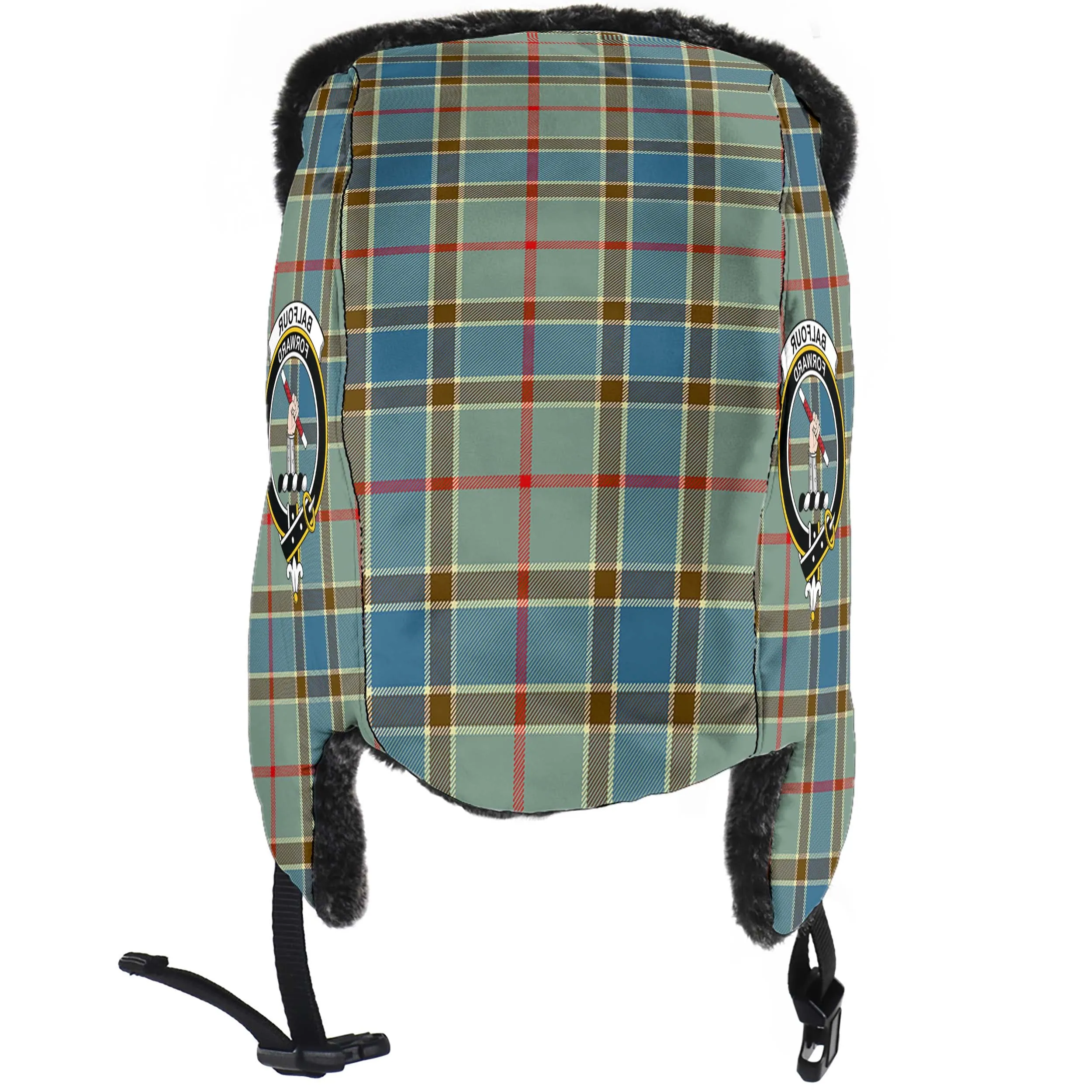 Balfour Blue Tartan Winter Trapper Hat with Family Crest