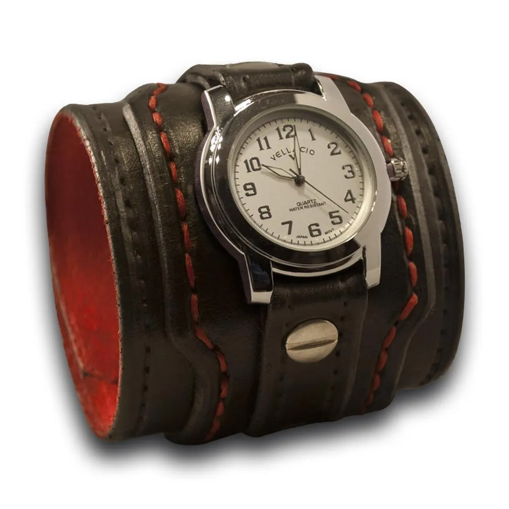 Black & Red Wide Layered Leather Cuff Watch with Snap