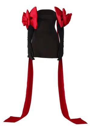 BLACK CUPID DRESS WITH RED TRAIN BOW GLOVES