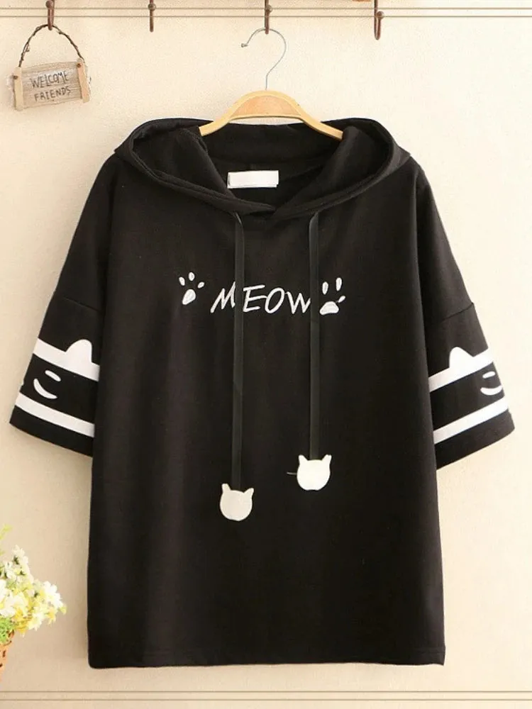 Black Short Sleeve Hooded Sweatshirts For Women Cartoon Print Drawstring Cotton Hoodies Streetwear Casual Tracksuits Female