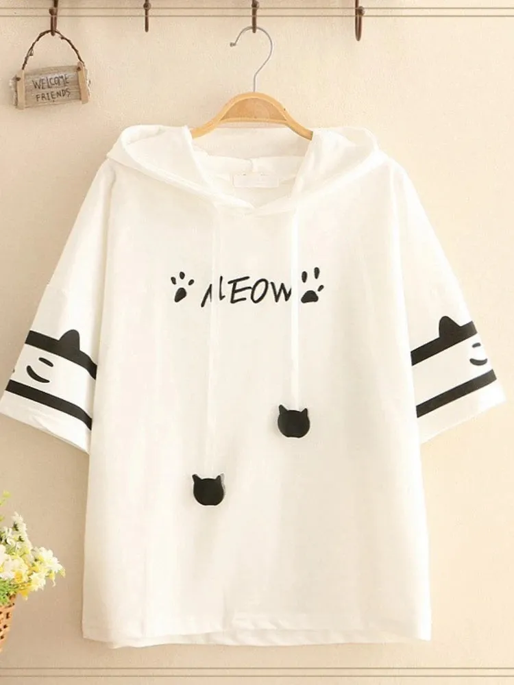 Black Short Sleeve Hooded Sweatshirts For Women Cartoon Print Drawstring Cotton Hoodies Streetwear Casual Tracksuits Female