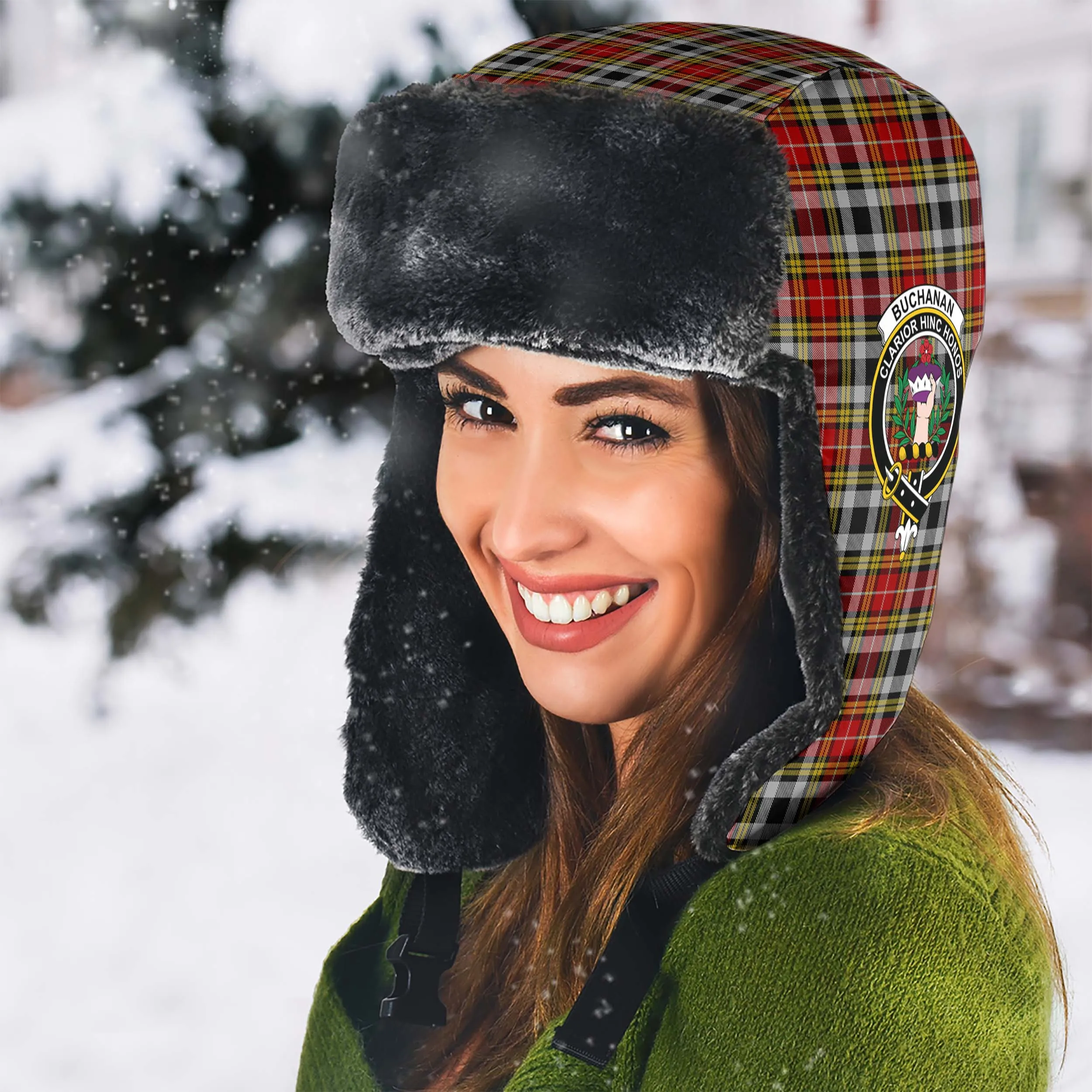 Buchanan Old Dress Tartan Winter Trapper Hat with Family Crest