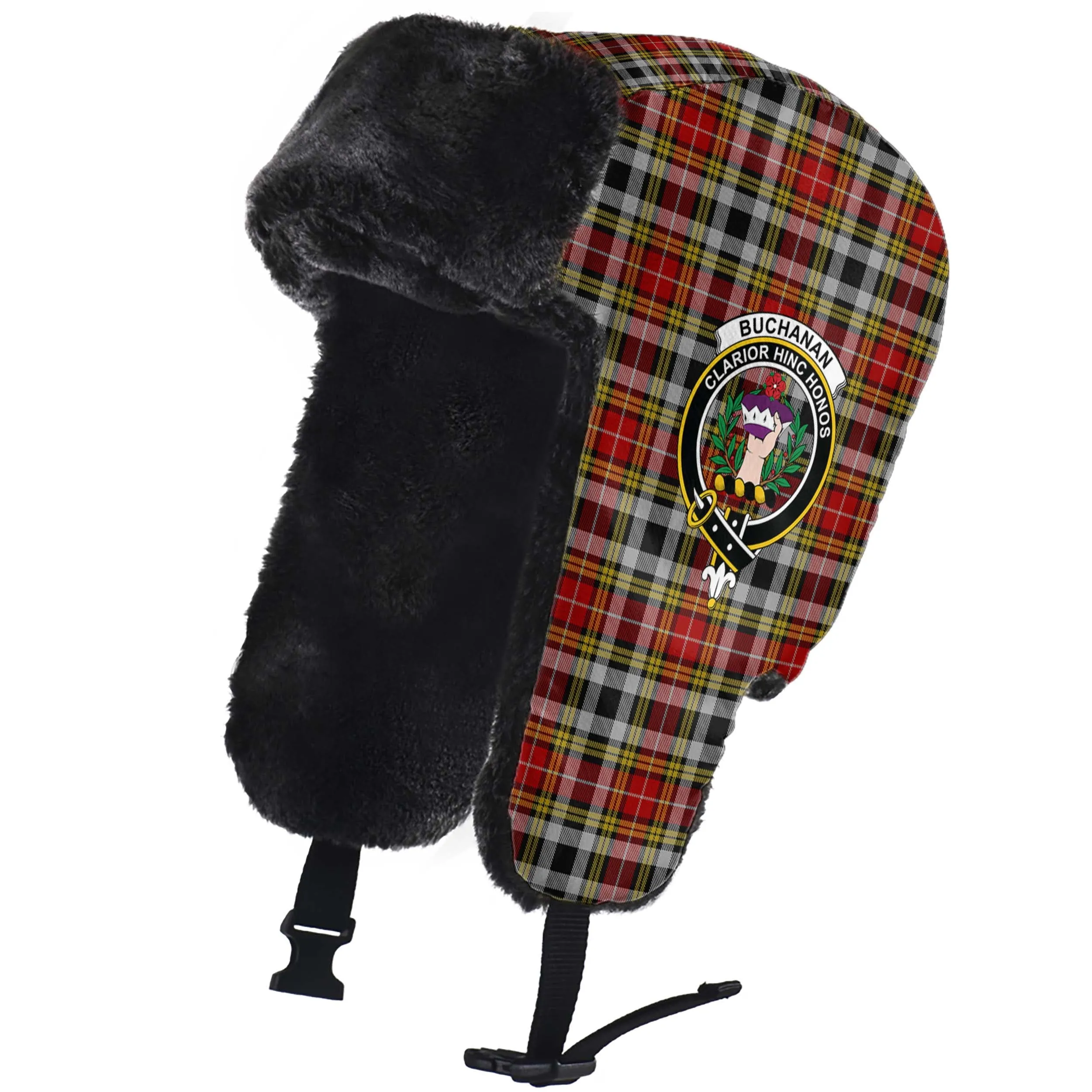 Buchanan Old Dress Tartan Winter Trapper Hat with Family Crest