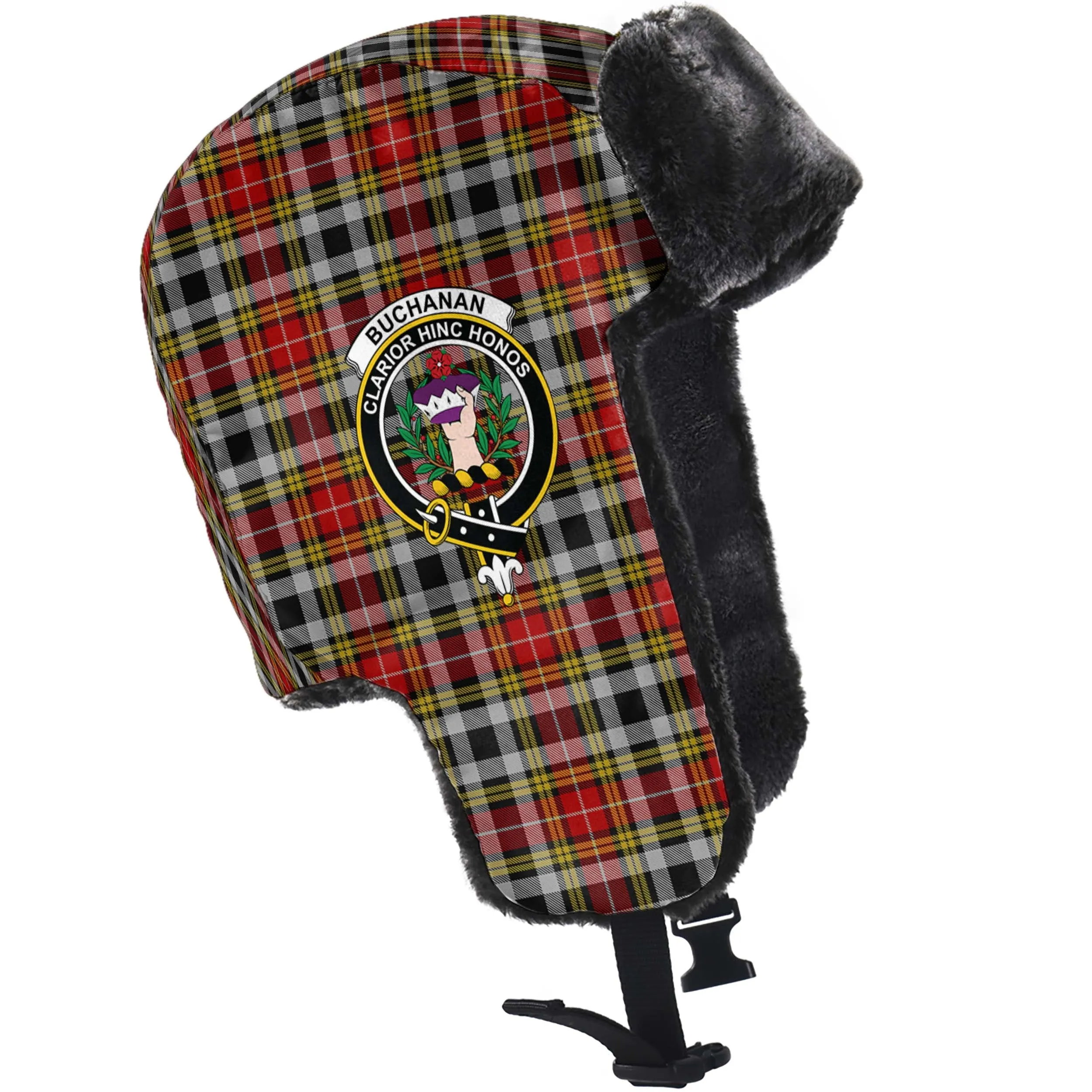 Buchanan Old Dress Tartan Winter Trapper Hat with Family Crest