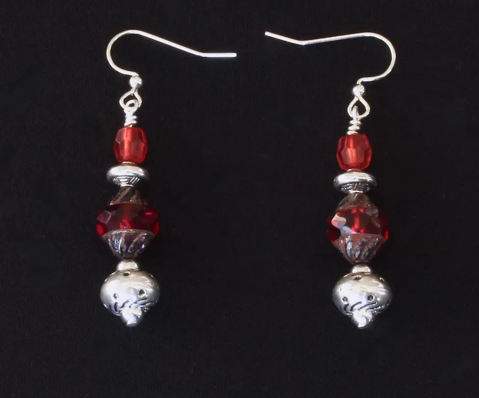 Czech Glass Ruby Red Turbine Beads with Faceted Glass Drum Beads and Sterling Silver