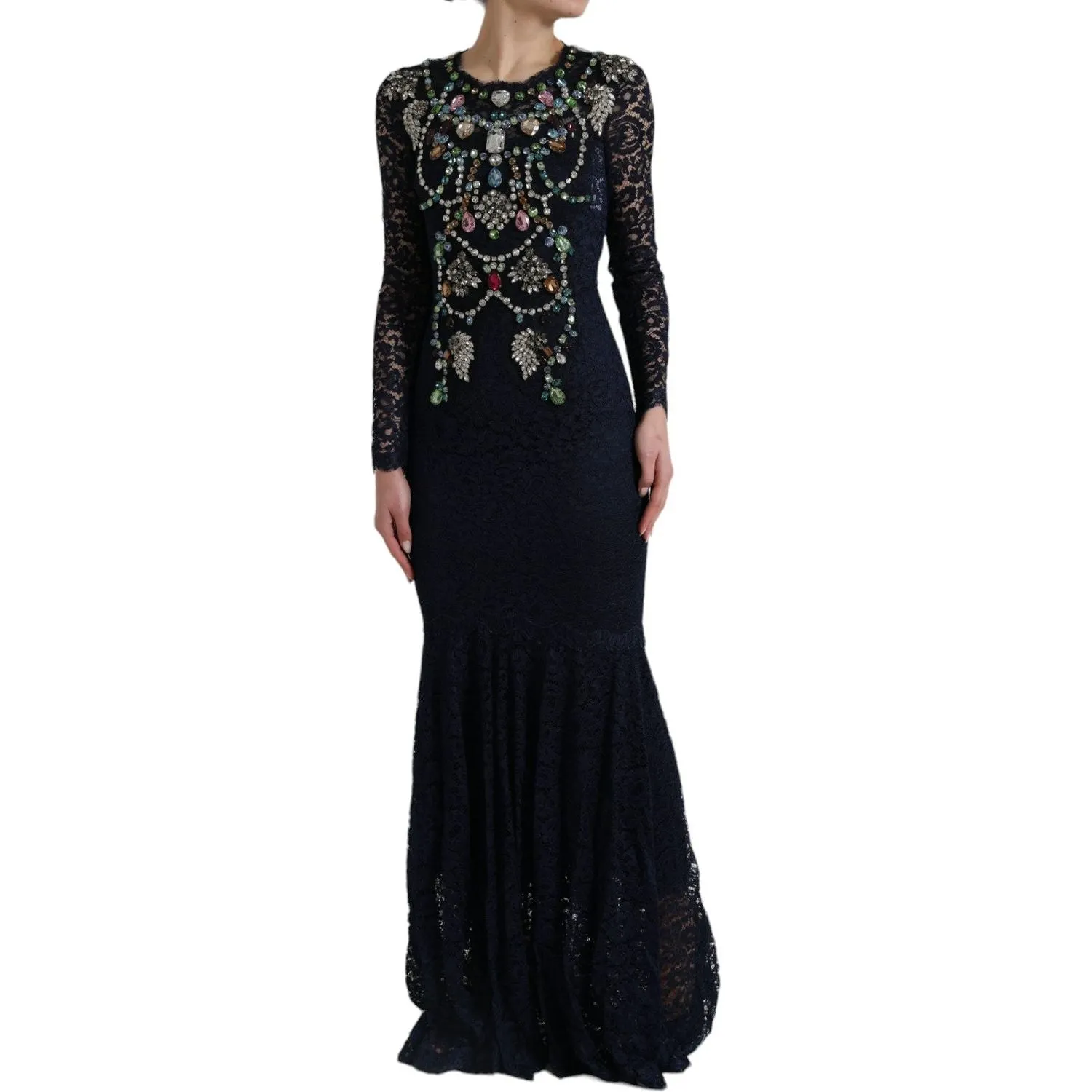 Dolce & Gabbana Crystal Embellished Navy Blue Flare Dress