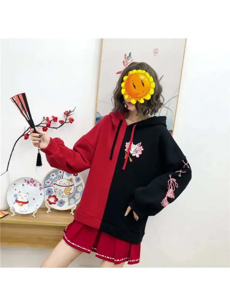 Harajuku Contrast Cartoon Embroidery Casual Fleece Pullover Hoodies Sweatshirt Women Winter Long Sleeve Korean Female Top