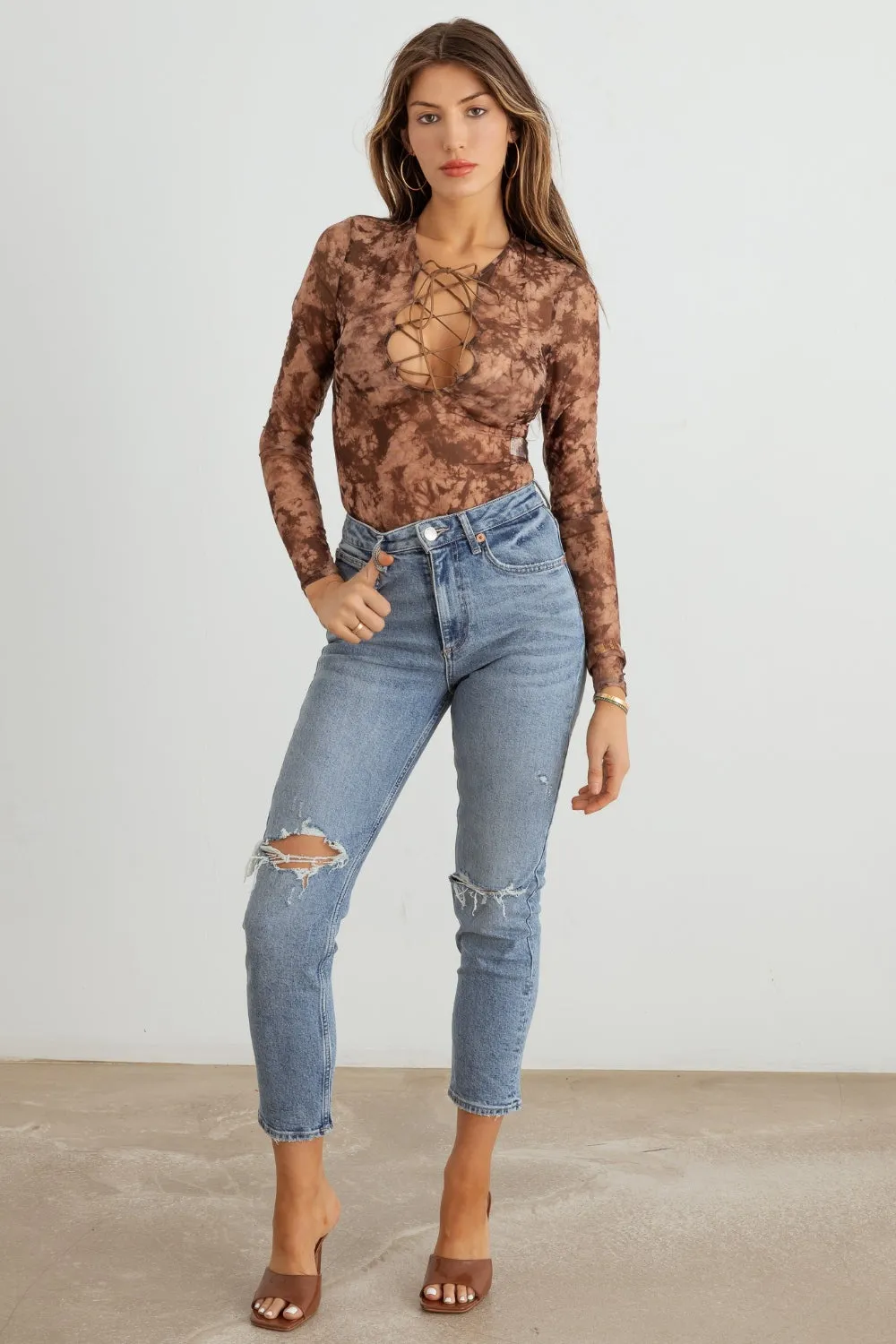 Hot Girl HERA Abstract Mesh Lace-Up Long Sleeve Bodysuit