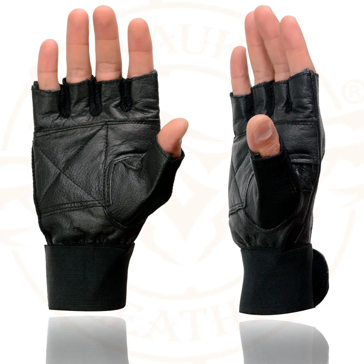 Milwaukee Leather MG7562 Men's Black Leather and Spandex Gel Padded Palm Fingerless Motorcycle Hand Gloves W/ Mesh Material