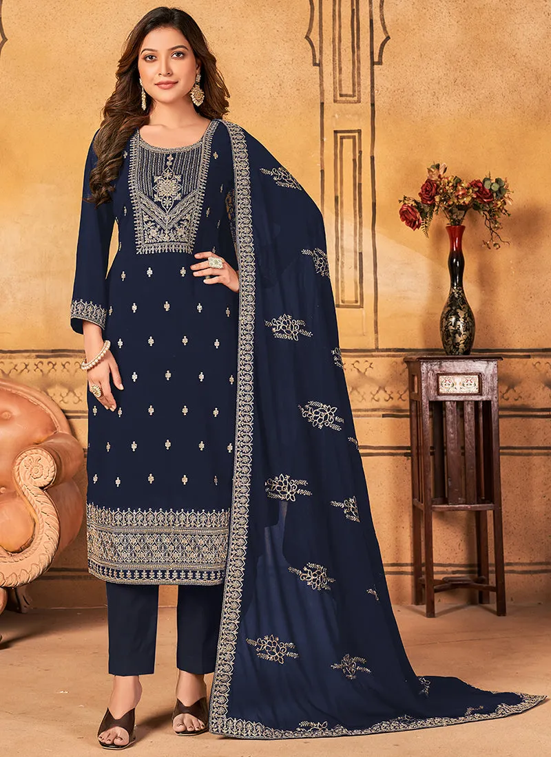 Navy Blue Sequence Embroidery Pakistani Pant Suit