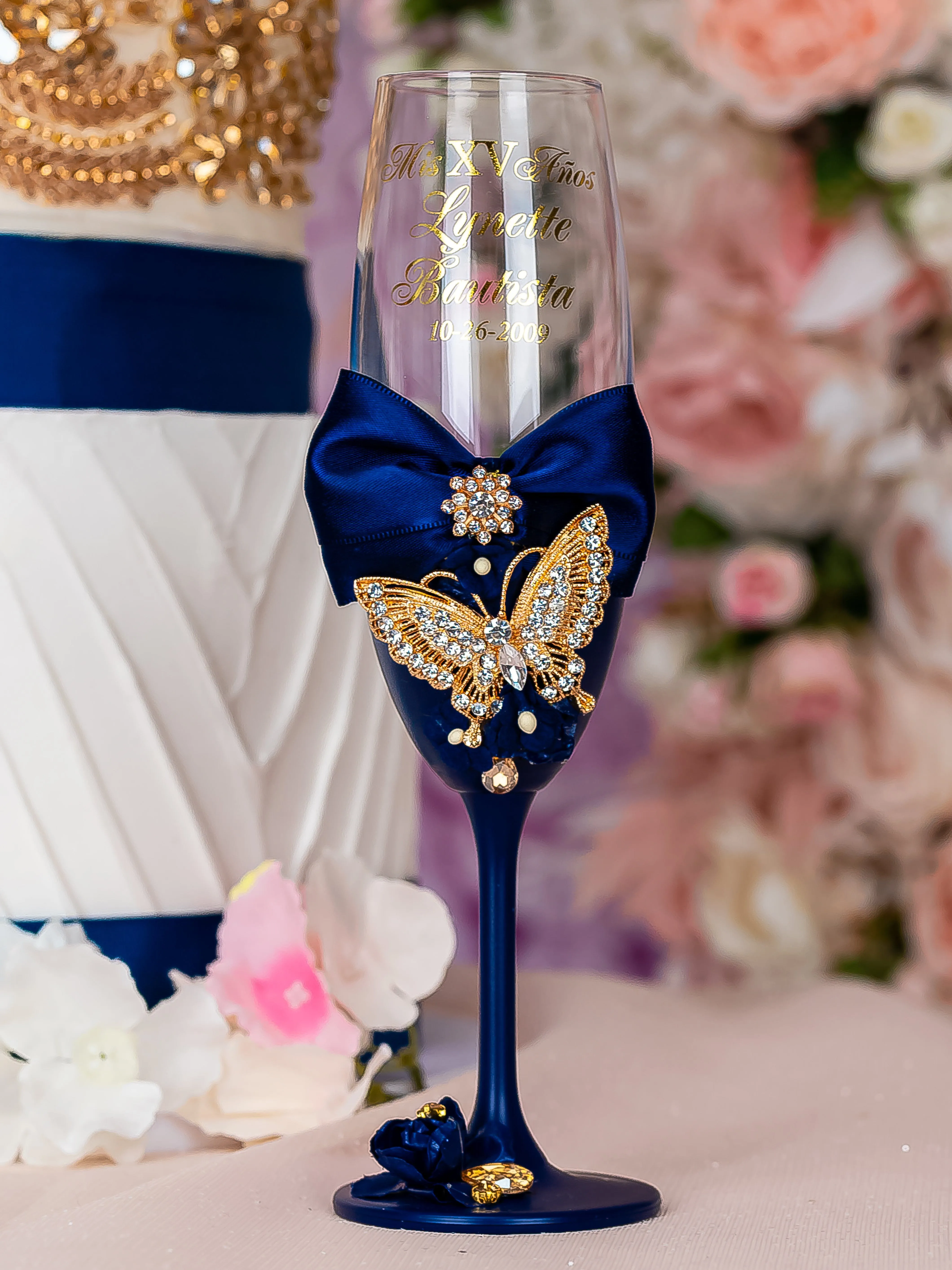 Navy blue with butterflies Quinceanera cake knife set with 1 glass