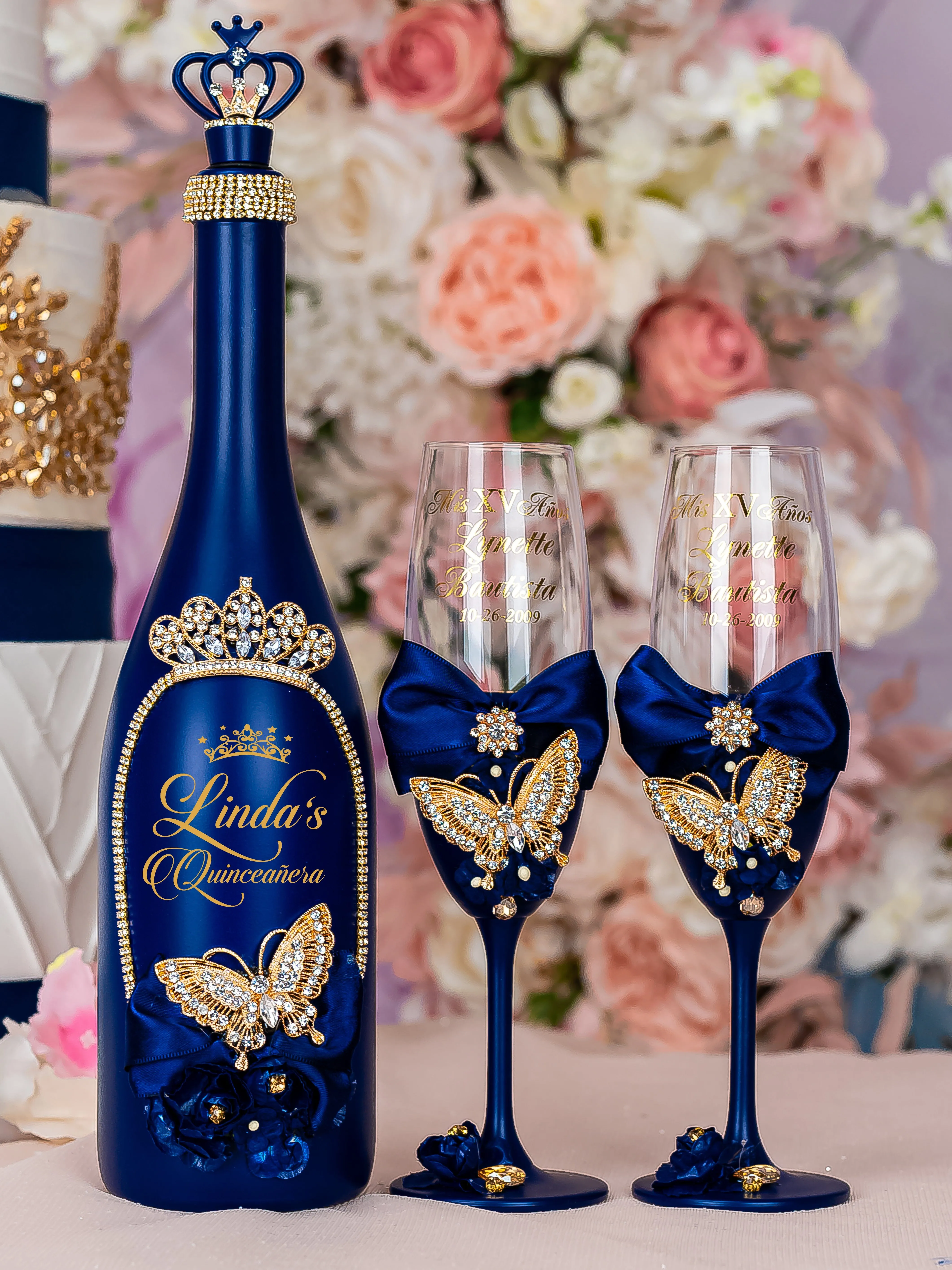 Navy blue with butterflies Quinceanera cake knife set with 1 glass