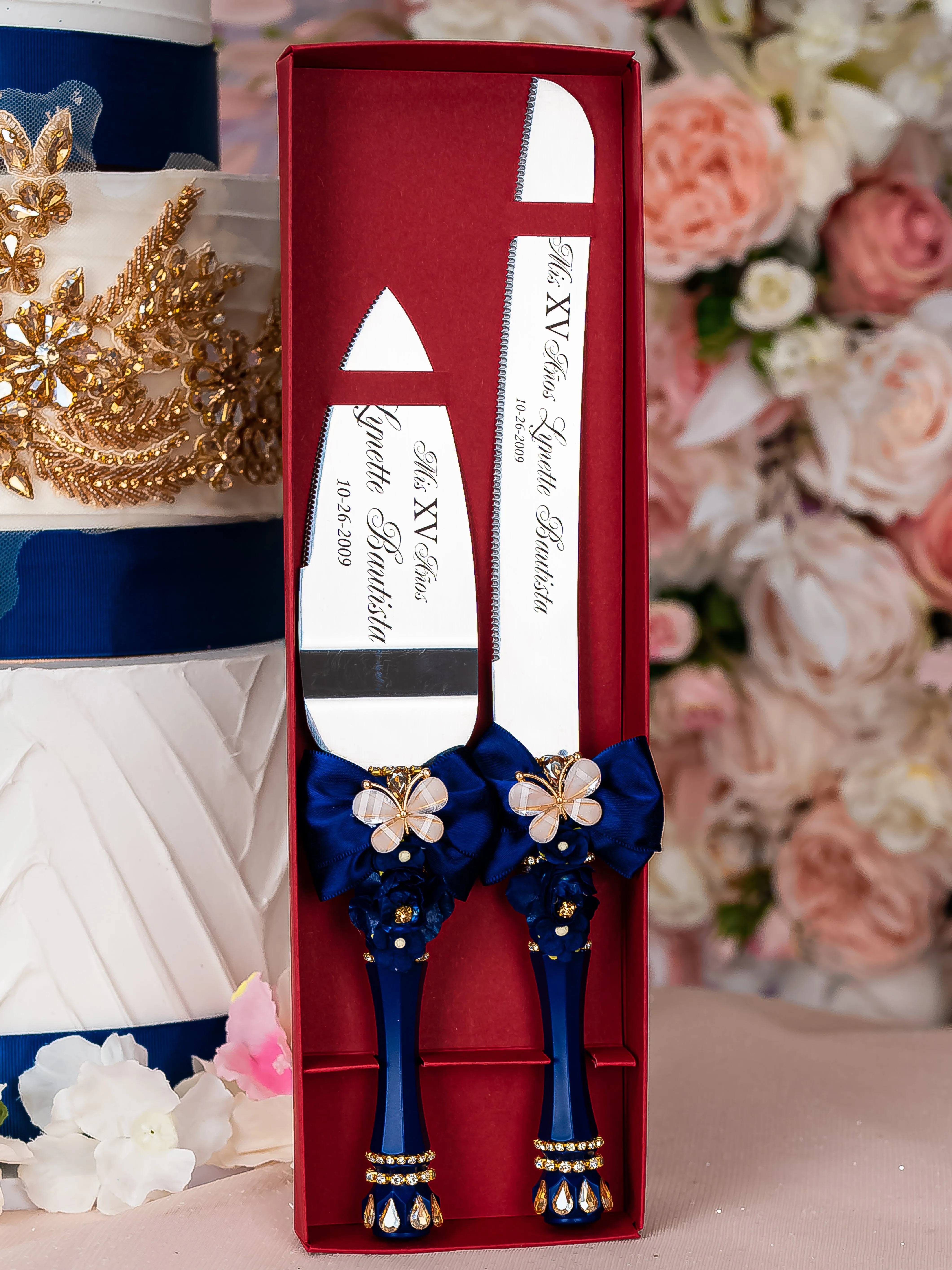 Navy blue with butterflies Quinceanera cake knife set with 1 glass