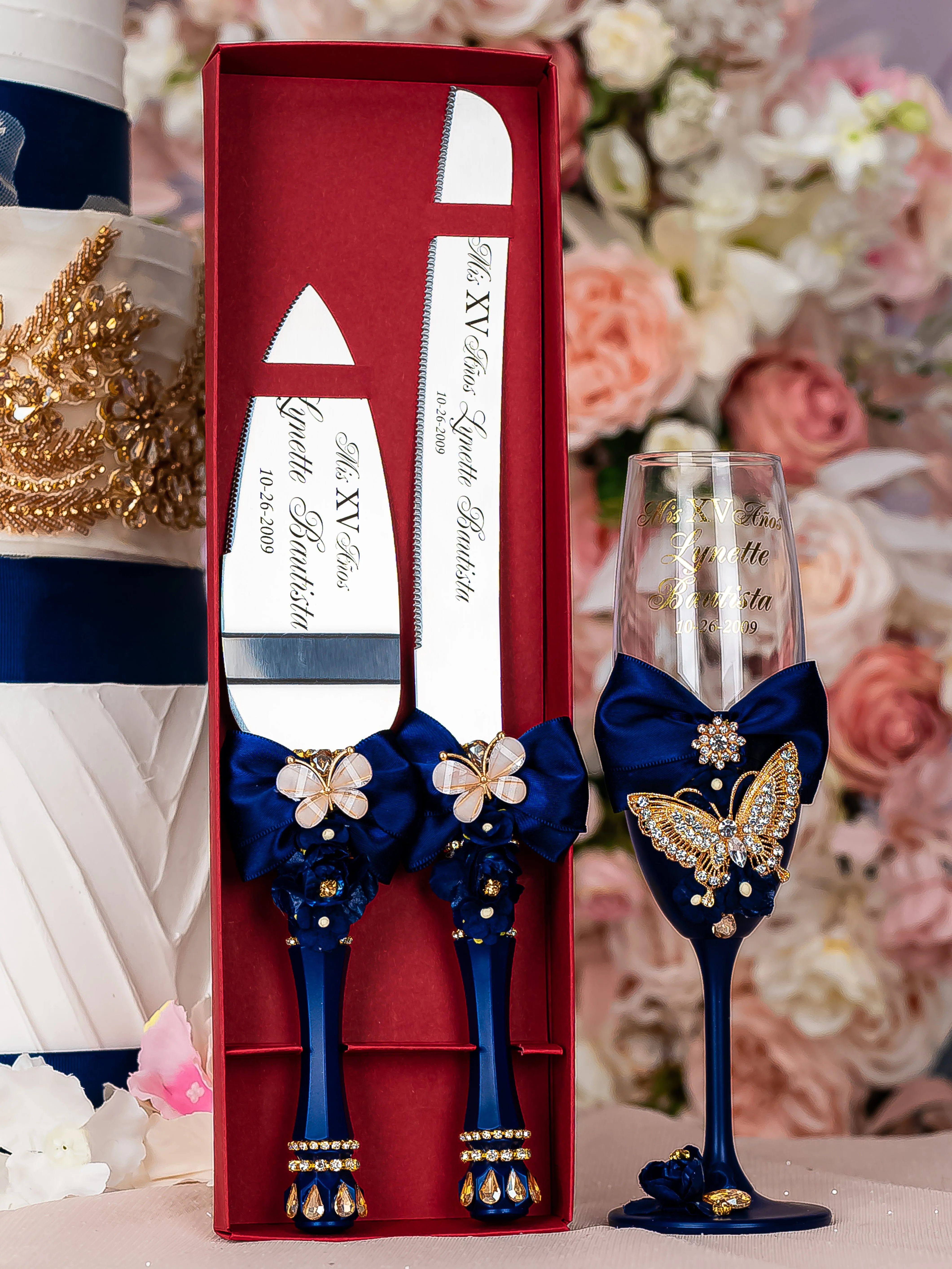 Navy blue with butterflies Quinceanera cake knife set with 1 glass