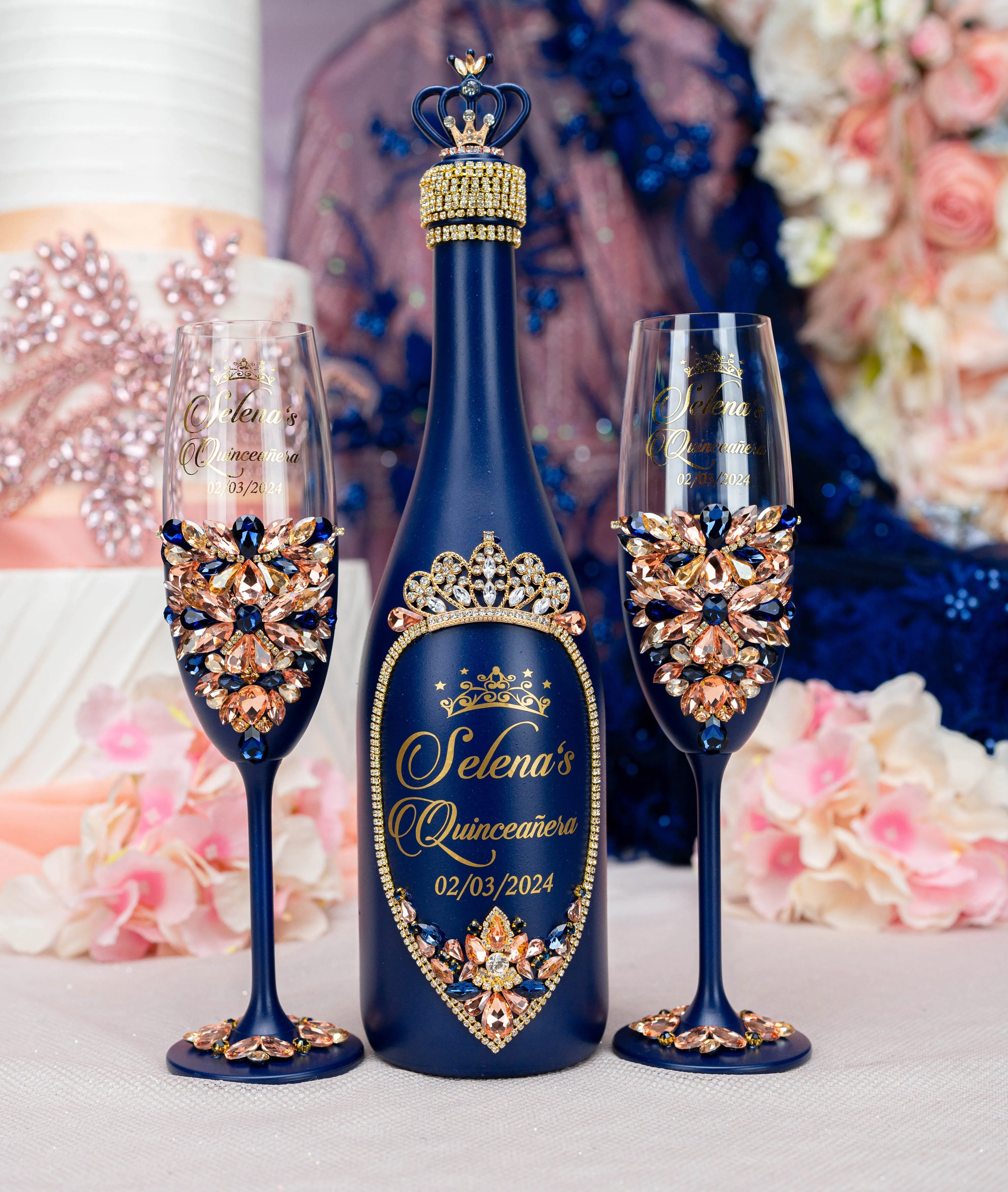 Navy blue with rose gold 2 quinceanera champagne glasses