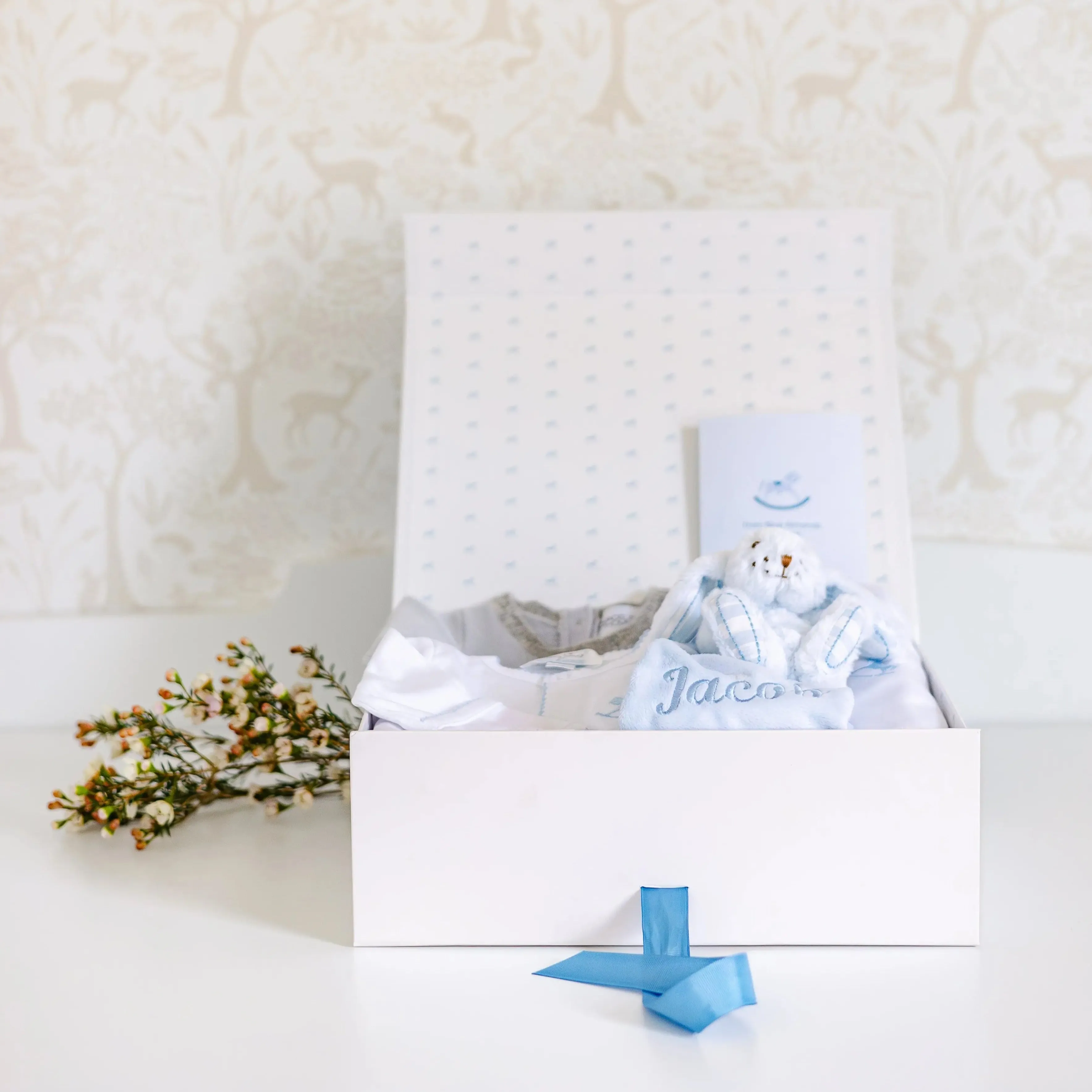 Personalised blue welcome baby gift set