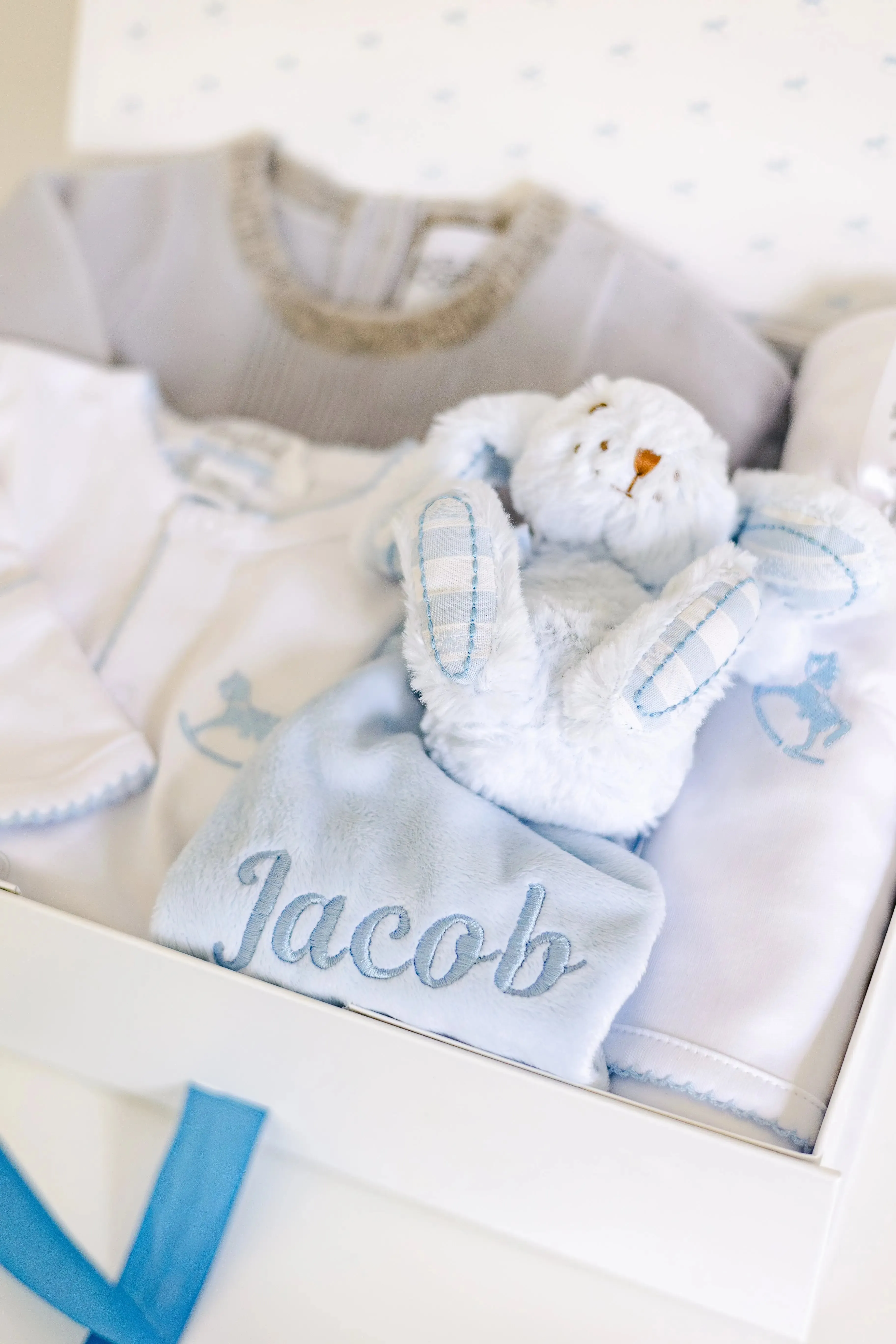 Personalised blue welcome baby gift set