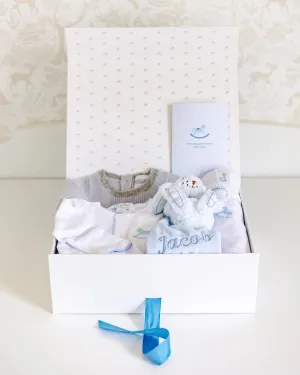 Personalised blue welcome baby gift set