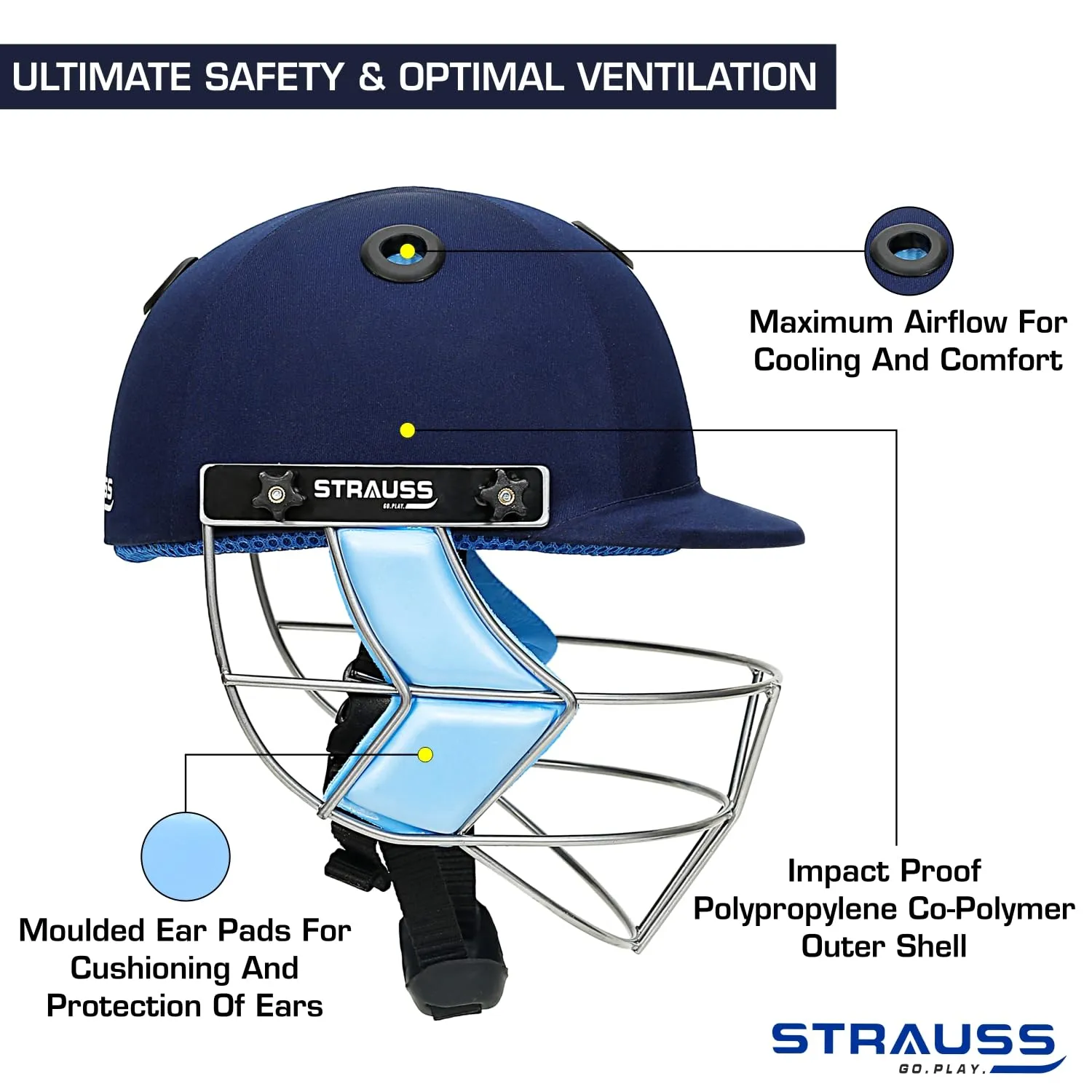 Strauss Cricket Helmet | Steel Grill | Edition: Classic | Size: X-Small | Age: 10-12yrs | Color: Blue | for Boys, Girls | Lightweight | Advance Protection | Leather Ball Cricket Helmet