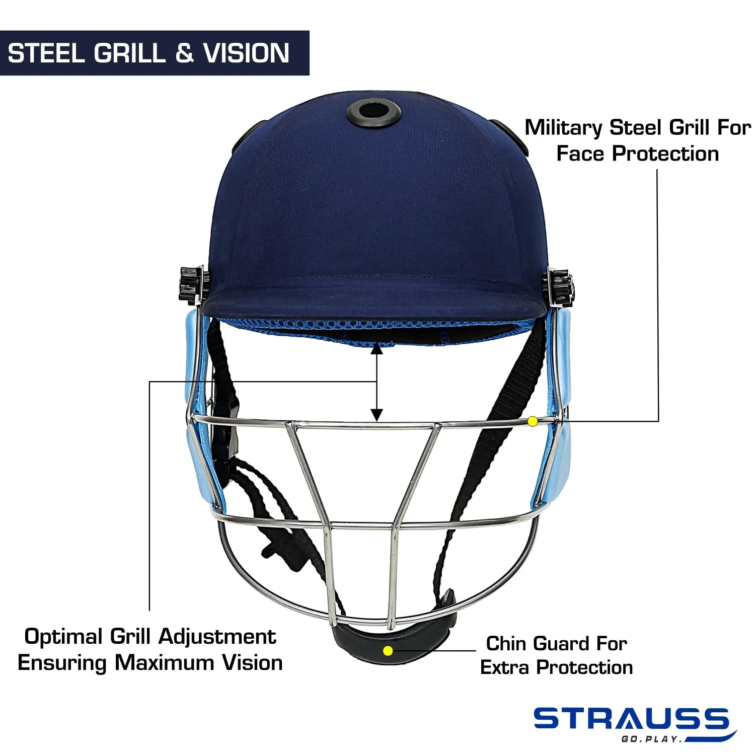 Strauss Cricket Helmet | Steel Grill | Edition: Classic | Size: X-Small | Age: 10-12yrs | Color: Blue | for Boys, Girls | Lightweight | Advance Protection | Leather Ball Cricket Helmet