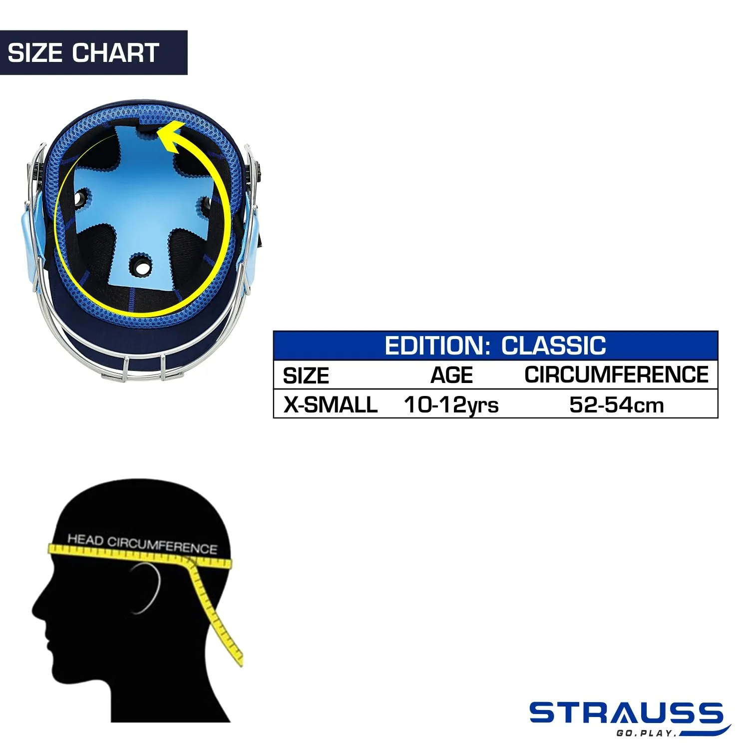 Strauss Cricket Helmet | Steel Grill | Edition: Classic | Size: X-Small | Age: 10-12yrs | Color: Blue | for Boys, Girls | Lightweight | Advance Protection | Leather Ball Cricket Helmet