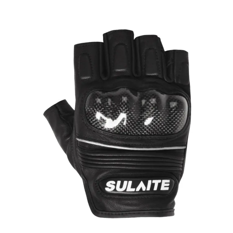 SULAITE Motorcycle Sheepskin Carbon Fiber Breathable Half-finger Riding Gloves, Size: XXL(Black)