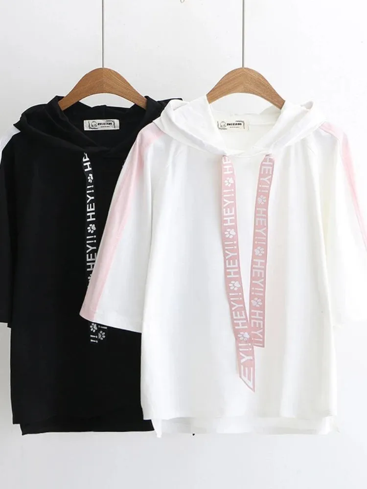 T shirt women black hooded t-shirt harajuku casual drawstring solid short sleeve cotton top streetwear bbf tshirts