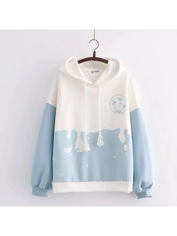 Winter Fleece Women Hoodies Cartoon Print Kawaii Cute Hoody Sweatshirts Japan Style Sweet Ladies Drawstring Pullover Tops