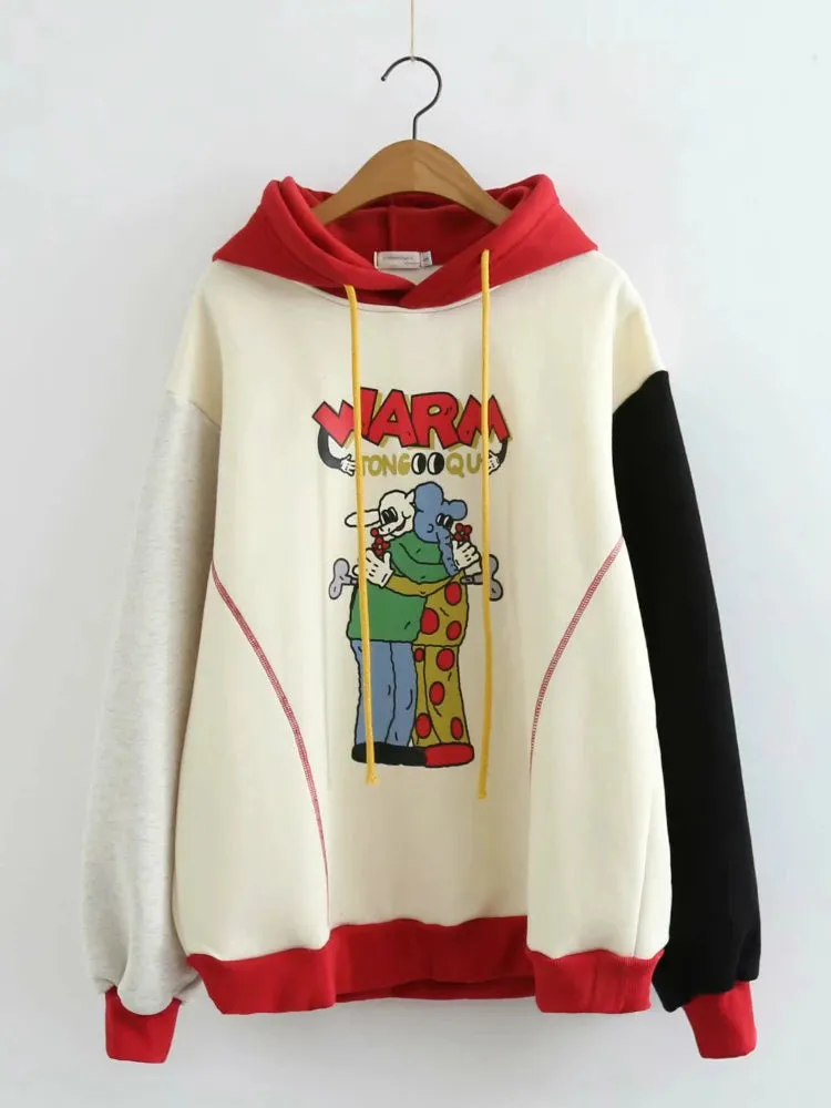 Women's Cartoon Print Funny Hoodies Sweatshirts 2023 Winter Long Sleeve Patchwork Contrast Color Hooded Pullovers