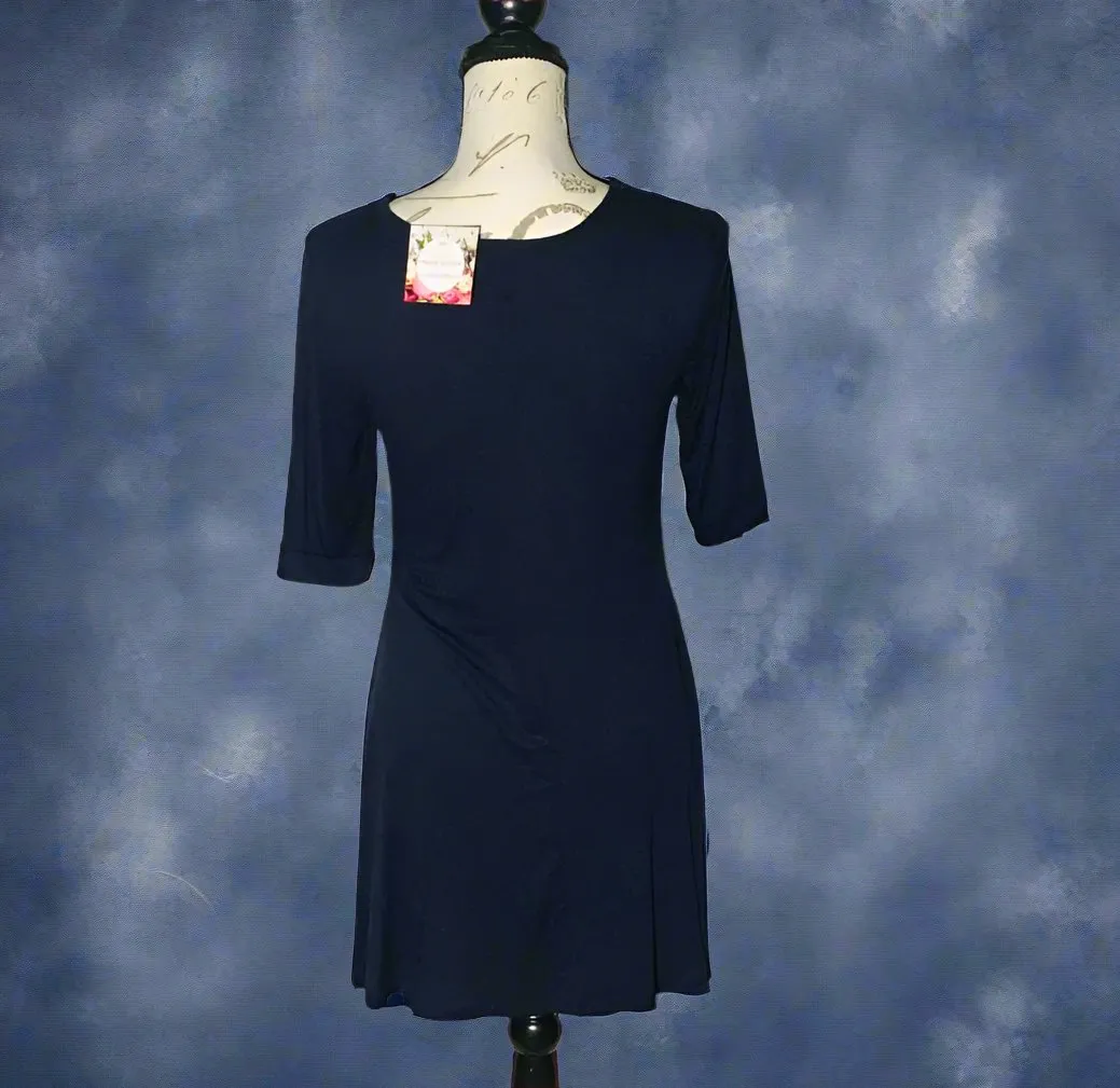 Womens Long Blue Tunic Top, 3/4 Sleeve Shirt, Sizes S/M/L, Solid Navy Blue